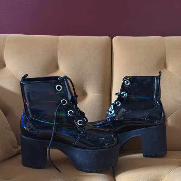 T.U.K Black Holographic Lace Up Boots - Picture 2 of 7